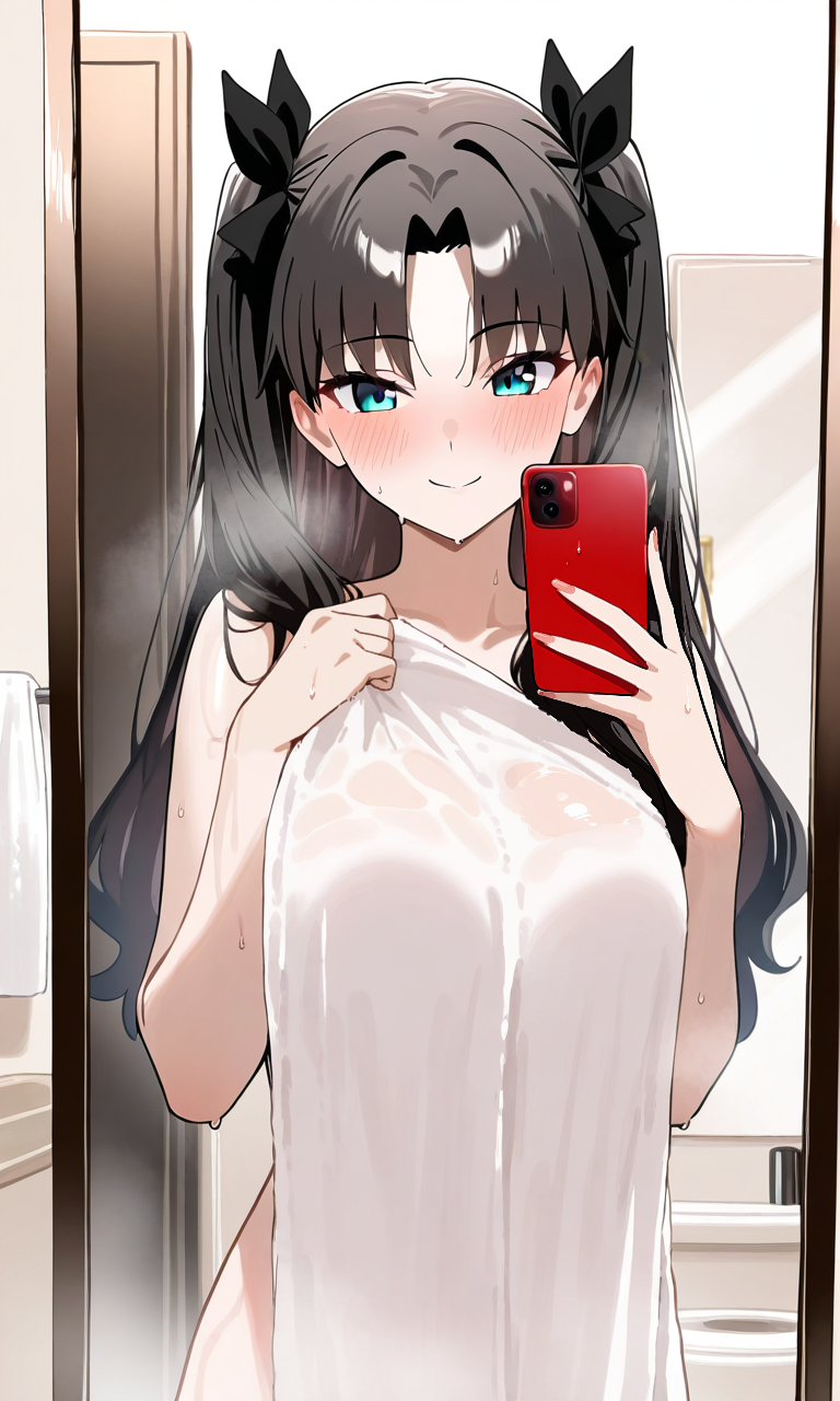 masterpiece, best quality, high resolution, absurdres, 1girl, tohsaka_rin, blue_eyes, black_hair, long_hair, medium_breasts, two_side_up, hair_ribbon, black_ribbon, bathroom, indoors, mirror, selfie, smile, towel, wet, steam, phone, looking_at_viewer, blush