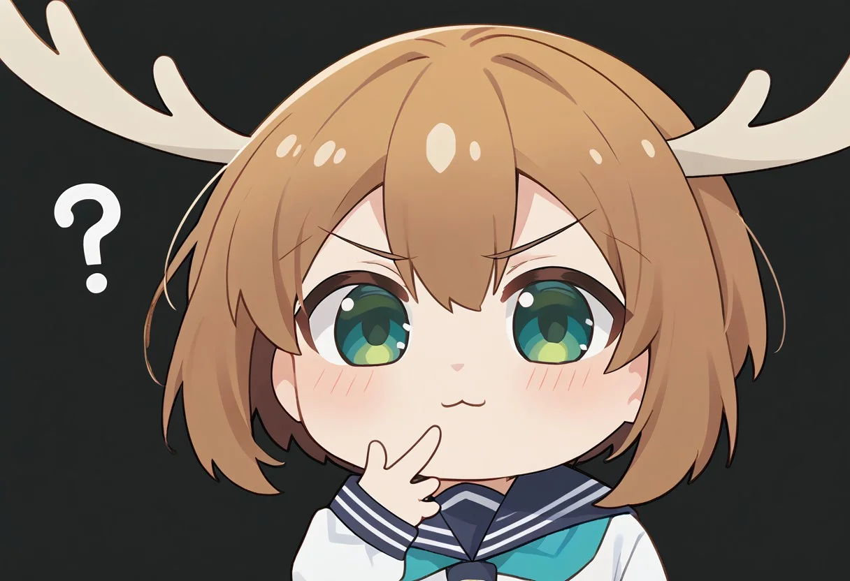 score_9, score_8_up, score_7_up, masterpiece, best quality, blurry background, detailed, perfect, perfection,
BREAK
nokotan, blue eyes, green eyes, two-tone eyes, brown hair, short hair, deer antlers, :3,
BREAK
school uniform, white shirt, long sleeves, blue serafuku, aqua neckerchief, blue skirt, white socks, brown shoes, small chest,
BREAK
chibi, hand to mouth, question mark, simple background, black background
