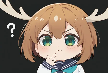 score_9, score_8_up, score_7_up, masterpiece, best quality, blurry background, detailed, perfect, perfection, 
BREAK
nokotan, blue eyes, green eyes, two-tone eyes, brown hair, short hair, deer antlers, :3, 
BREAK
school uniform, white shirt, long sleeves, blue serafuku, aqua neckerchief, blue skirt, white socks, brown shoes, small chest,
BREAK
chibi, hand to mouth, question mark, simple background, black background