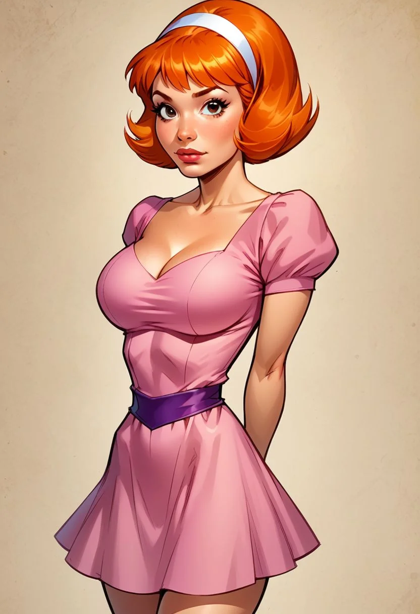 score_8, score_9, daphne, orange hair, short hair, hairband, skirt, 1girl, solo, adult woman, large breasts, pose, looking at viewer, hands behind back,