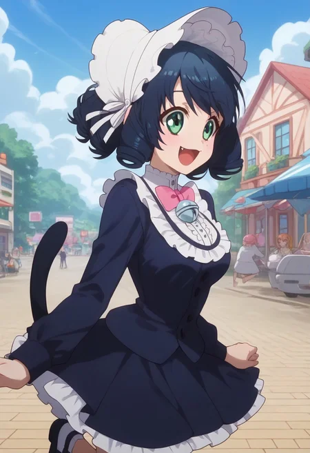 score_9, score_8_up, score_7_up, professional anime,1girl,solo,(Cyan from Show by rock!),perfect body,short girl,petite,<lora:show_by_rock_cyan:1>,1girl, short hair, black hair, green eyes, cat ears, cat tail, short dress, pink bowtie, long sleeves, bonnet, curly hair,medium breasts,happy,jumping
