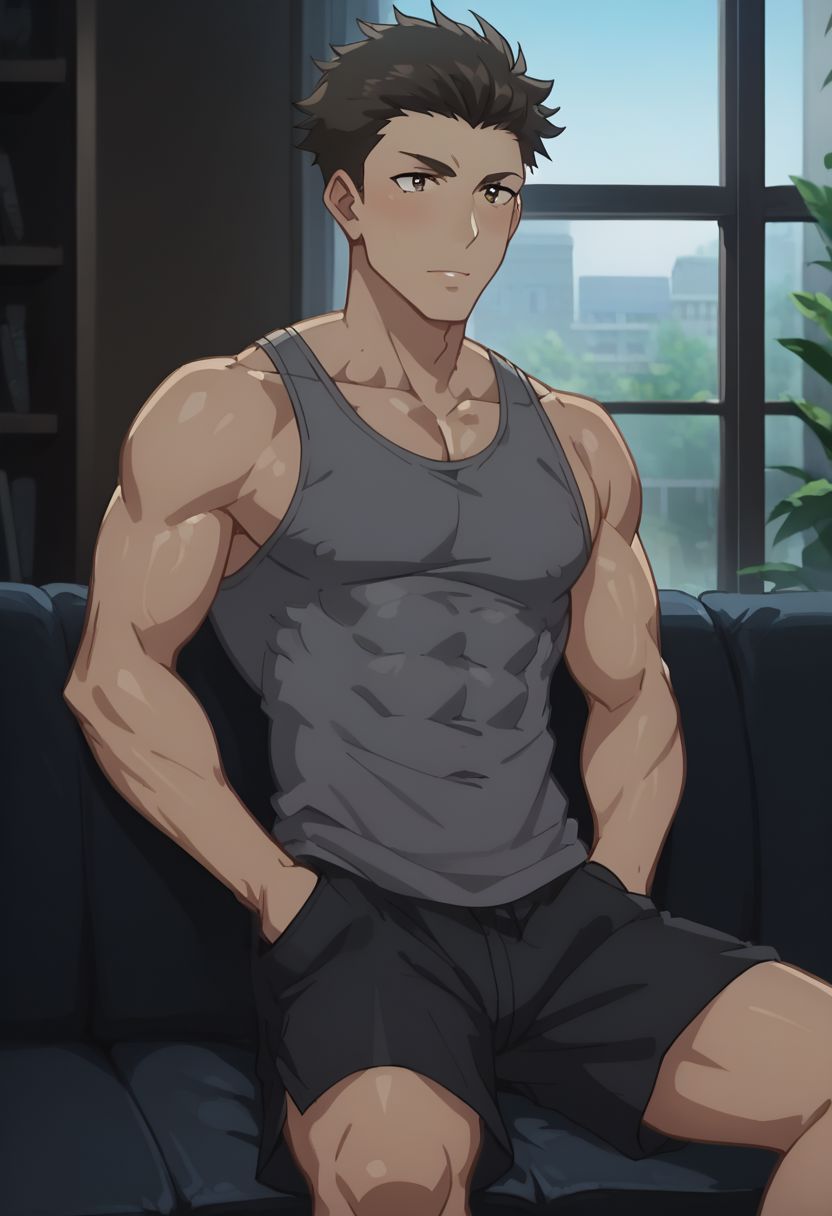 score_9, score_8_up, score_7_up, source_anime, rating_safe, anime screencap, Krom, official style, 1boy, male focus, grey tank top, hands in pocket, black shorts, sitting-relaxing, on a couch, finely detailed face, at a blurry living room, large bright window, realistic dramatic lighting, dark theme, low light,