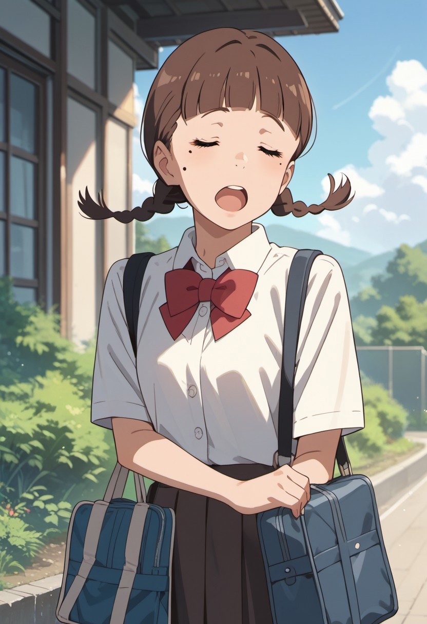 score_9, score_8_up, score_7_up, source_anime, natori sayaka, brown hair, twin braids, 1girl, mole, mole under eye, solo, closed eyes, braid, school uniform, outdoors, bow, sky, open mouth, bag