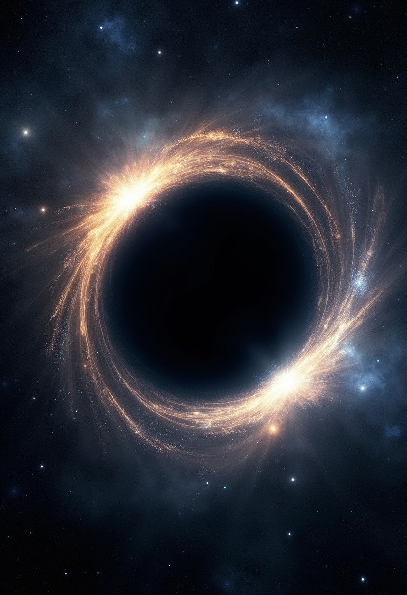 A black hole is a cosmic marvel, where gravity becomes overwhelming, bending space and time into a vortex. Light, which typically travels straight, curves around it, creating a halo-like silhouette at the event horizon. This boundary marks the point of no return, where even light cannot escape its grasp.
As matter spirals inward, it heats up, emitting bursts of energy and jets of particles that pierce the cosmos. Time near a black hole slows for an outside observer, creating a surreal distortion of reality. Though invisible, its presence reshapes galaxies, bending starlight and influencing celestial orbits. It’s a force of nature, where the universe’s most profound mysteries lie.