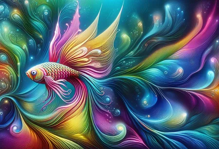 A colorful beta fish. Fantasy illustration, psychedelic art depicting an illusory, disturbed, abstract, ephemeral, elusive and unstable visual narrative, digital painting, mesmerizing and highly detailed, vivid colors, surrealism, psychedelic background, intricate details, 3D rendering, oil painting, delicate, octane rendering.