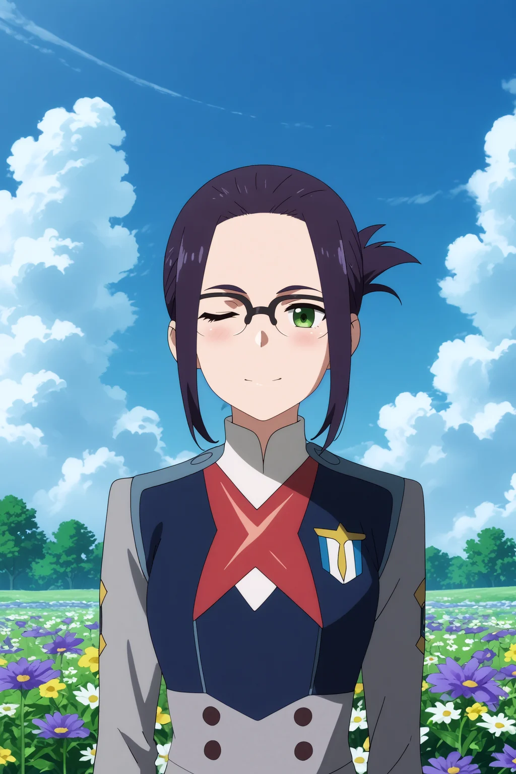 ikuno,1girl,solo,glasses,short hair,uniform,military_uniform,military,folded ponytail,upper body,looking_at_viewer,wink  BREAK outdoors,blue sky,cloudy_sky,purple flower,flower field,tree  <lora:Ikuno_-_Darling_in_the_franxx.safetensors:0.8> <lora:detailed_backgrounds_v2.safetensors:0.5>