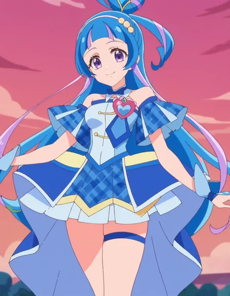 score_9, score_8_up, score_7_up, anime screencap, solo,1girl,curewink,blue hair, blue dress, magical girl, skirt,right thigh strap,smile, looking at viewer, medium breasts ,cowboy shot<lora:curewink_pony:0.8>