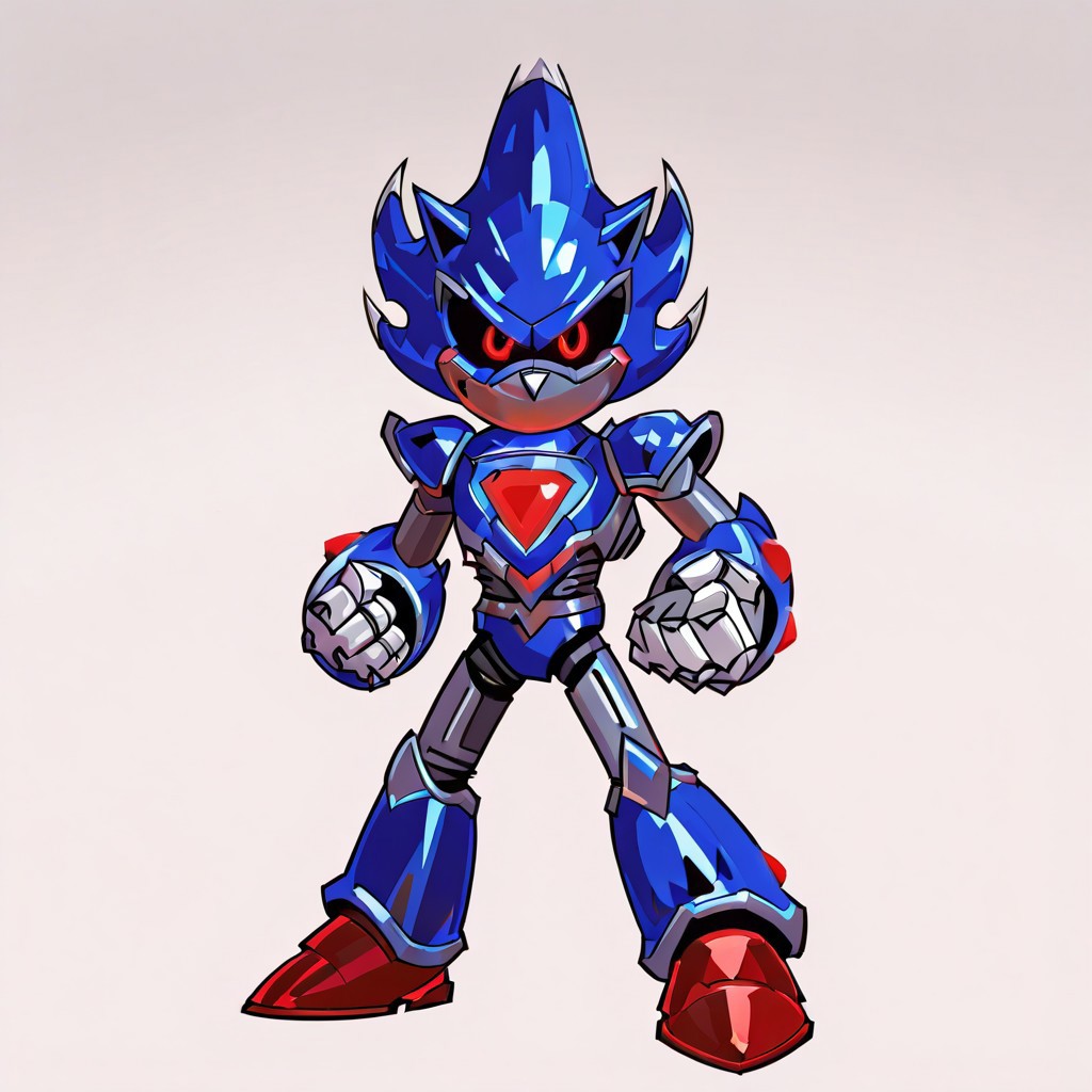 darkest dungeon, Metallix, red glowing eyes, robot, glowing red energy core, blue metal skin, black sclera, pointy metal nose, red shoes, clenched hands, red orbs on its forearms, white details on its edges, white spikes on its head, thruster on its back, solo,