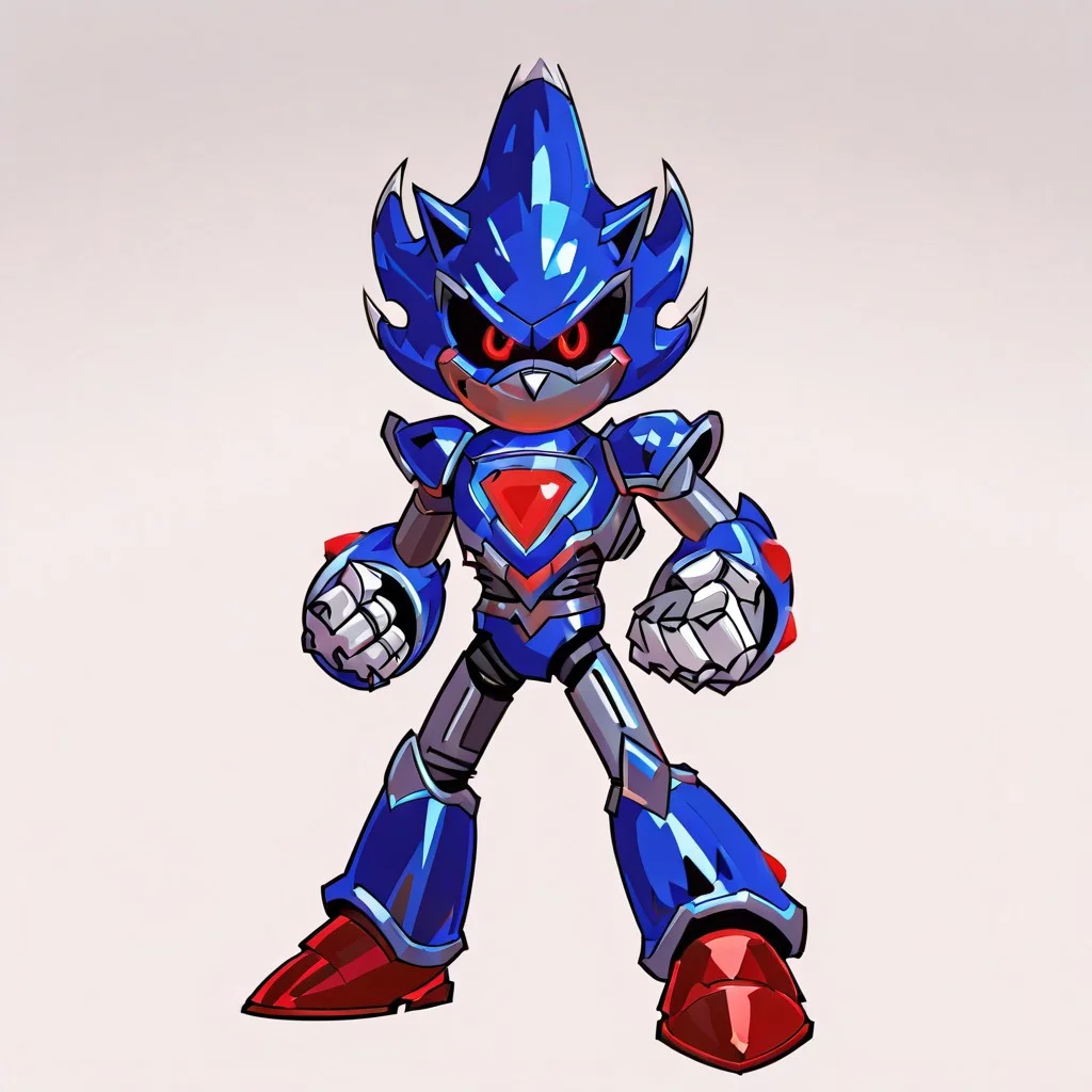 darkest dungeon, Metallix, red glowing eyes, robot, glowing red energy core, blue metal skin, black sclera, pointy metal nose, red shoes, clenched hands, red orbs on its forearms, white details on its edges, white spikes on its head, thruster on its back, solo,