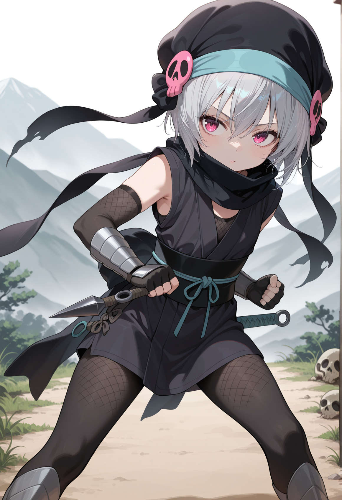 1girl, solo, short hair, grey hair, pink eyes, hat, skull, ninja, scarf, bare shoulders, fishnets, gauntlets, fingerless gloves, greaves, fighting stance, outdoors, holding kunai  <lora:goemon_nobuna_illus:1>, masterpiece, best quality, amazing quality, very aesthetic, absurdres, highres, newest