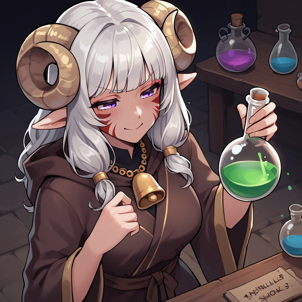 <lora:whisker_markings:0.8> red_whisker_markings:1.4, face paint,source_furry, score_7_up, rating_safe, cowboy shot, gold necklace, tiefing, short pointed ears, horns, (a pair of brown sheep Horns that begin at her temples and curve back: 1.5), bangs,long silver hair long wavy hair, pale skin, pointy ears, purple eyes:1.2, <lora:age_slider_v4:0.6> medium breasts, skinny female, close up, silver hair <lora:Tieflingnew weird fantasyDND:0.3> Tiefling, pointed ears, horns, from above, angry, half-closed eyes:1.5, smile mouth:1.2,<lora:Smooth Style 2 SDXL_LoRA_Pony Diffusion V6 XL:0.5> shepherd's crook, bell, robe, hood off, <lora:Nanoless_Artist_Style_PonyXL:0.3> , <lora:potion_round-bottom_flask:0.5> ((potion, round-bottom_flask)) , drinking flask:1.4,
