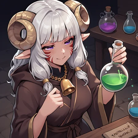 <lora:whisker_markings:0.8> red_whisker_markings:1.4, face paint,source_furry, score_7_up, rating_safe, cowboy shot, gold necklace, tiefing, short pointed ears, horns, (a pair of brown sheep Horns that begin at her temples and curve back: 1.5), bangs,long silver hair long wavy hair, pale skin, pointy ears, purple eyes:1.2, <lora:age_slider_v4:0.6> medium breasts, skinny female, close up, silver hair <lora:Tieflingnew weird fantasyDND:0.3> Tiefling, pointed ears, horns, from above, angry, half-closed eyes:1.5, smile mouth:1.2,<lora:Smooth Style 2 SDXL_LoRA_Pony Diffusion V6 XL:0.5> shepherd's crook, bell, robe, hood off, <lora:Nanoless_Artist_Style_PonyXL:0.3> , <lora:potion_round-bottom_flask:0.5> ((potion, round-bottom_flask)) , drinking flask:1.4,