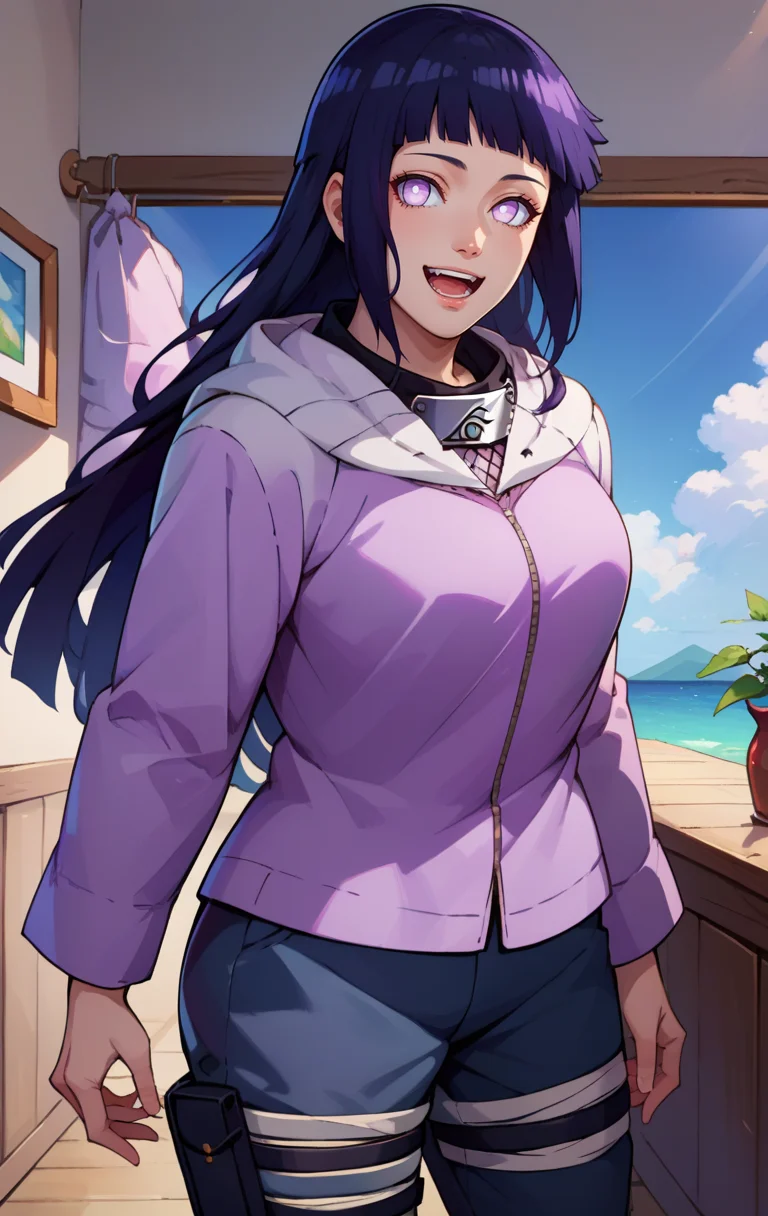 score_9, score_8_up, score_7_up, score_9, BREAK <lora:hinataSDXL:1> hinataSDXL, 1girl, solo, long hair, looking at viewer, smile, open mouth, room background, black hair, purple eyes, :d, pants, hood, hood down, white eyes, forehead protector, konohagakure symbol, hyuuga hinata, cowboy shot,