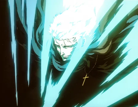 best quality, highres, absurdres, (traditional media, refined digital media \(artwork\):0.6),  masterpiece, anime screenshot, 1990s (style),
(artist: sabu \(sabudenego\):0.6),universal portrait, angle, dynamic, perspective, solo,
grove marcus \(vampire hunter d\), astral projection, magic, 1boy, cross, solo, male focus, cross necklace, jewelry, necklace, scarf, smile, white hair, priest,  <lora:Vampire Hunter D Illustrious-step00000700:0.9>