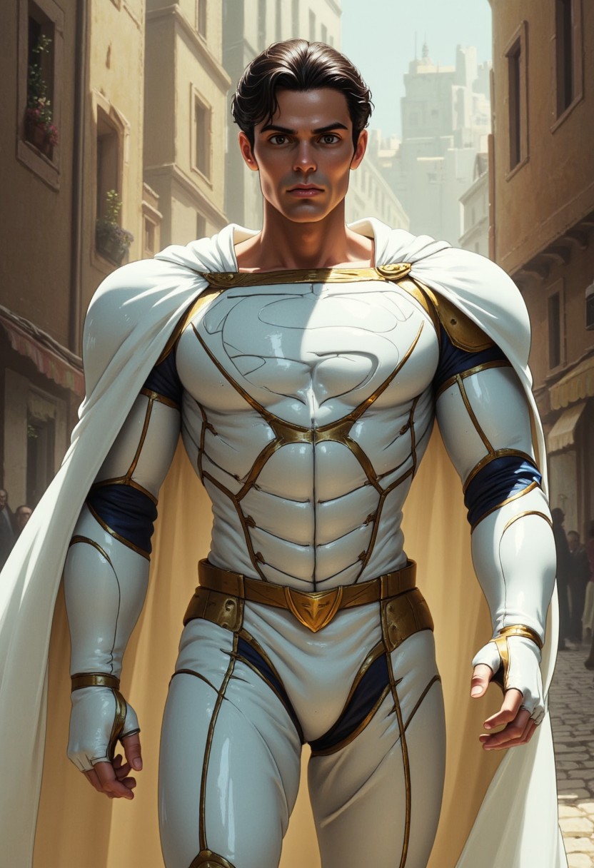 Realistic sci-fi cinematic scenes. The Clark Kent Supperman in metallic armor. White and golden. The white cloak, the S emblem on chest, (Ultra-realistic, 32k, Masterpiece, High Quality, Detailed Realistic Background, Official Art, Realistic Lighting, filmfotos, film grain, reversal film photography)