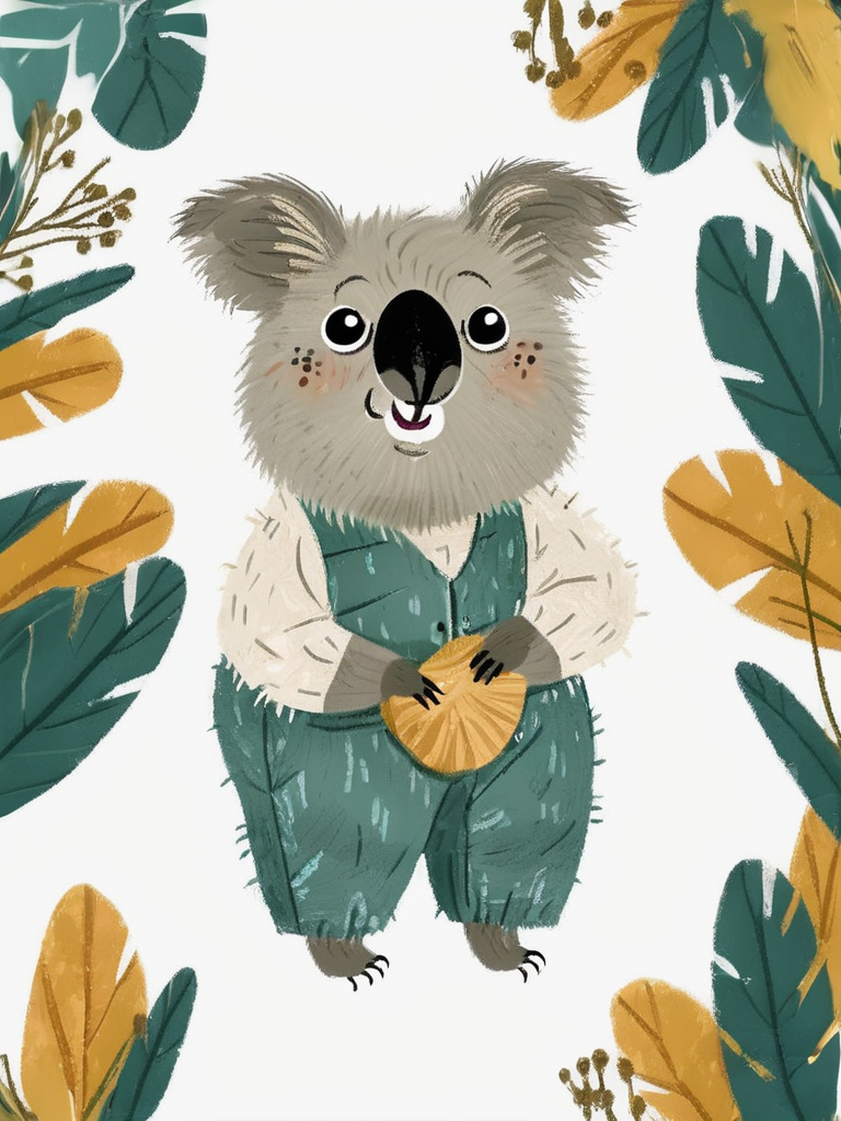 best quality,masterpiece,childpaint,children's illustration,solo,lovely,a lovely koala,white_background,clothes,beautiful_detailed_eyes,eye highlights,,<lora:chil_xl_2v1>