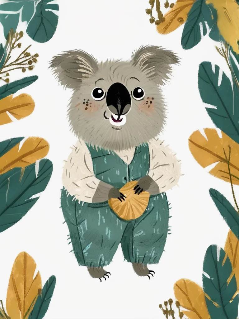 best quality,masterpiece,childpaint,children's illustration,solo,lovely,a lovely koala,white_background,clothes,beautiful_detailed_eyes,eye highlights,,<lora:chil_xl_2v1>