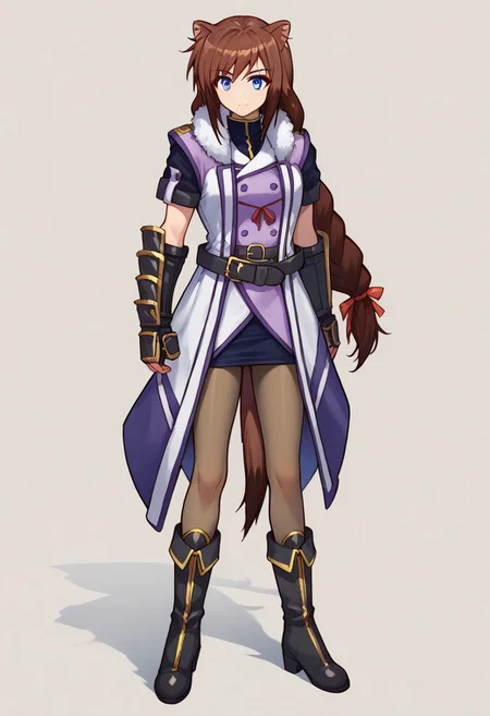 score_9, score_8_up, score_7_up, source_anime, good anatomy, solo, 1girl, BrioHina, brown hair, braided hair, braid, blue eyes, dog girl, dog ears, dog tail, red hair ribbon, white and purple coat, fur-trimmed coat, tail coat, white and purple double breasted jacket, black shirt, black undershirt, belt, black miniskirt, pencil skirt, pantyhose, black boots, black gauntlets, standing, full body