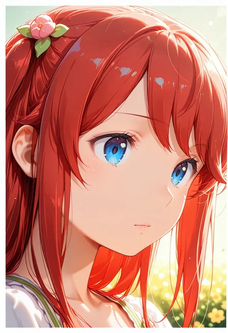 1girl, solo, masterpiece, best quality, newest, absurdres, CG, anime, source anime, illustration, very aesthetic, high resolution, ultra-detailed, newest, scenery, medium depth of field, rule of thirds, masterpiece-level, clean lines, sharp, focused subject, <lora:Theresia_van_Astrea_r1:1>
BREAK 1girl, solo, Theresia_van_Astrea, t_theresia, hair ornament, long hair,white dress, red hair,dress,flower, hair flower,two side up
closeup, closeup to face, portrait, outside border
simple background
cinematic angle, various angles, detailed background, beautiful background, (rays light:1.0),(grow:1.0), light particles