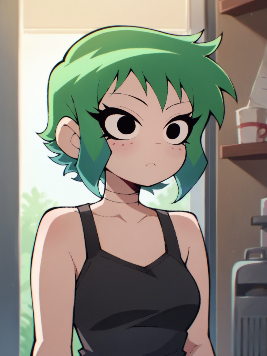 score_9, score_8_up, score_7_up, score_6_up, score_5_up,  <lora:spXLP:1> sp, 1girl, short hair, green hair
