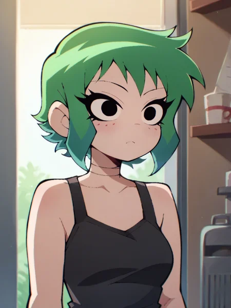 score_9, score_8_up, score_7_up, score_6_up, score_5_up, <lora:spXLP:1> sp, 1girl, short hair, green hair