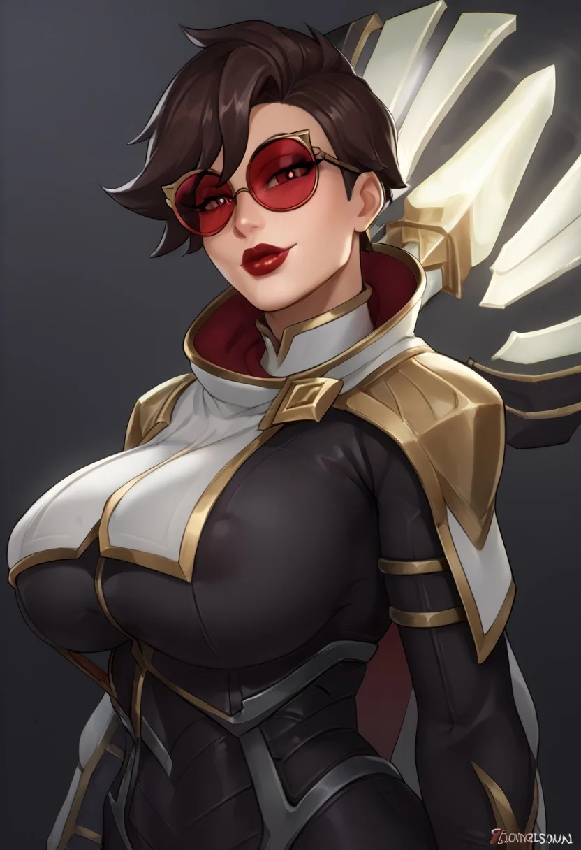 score_9, score_8_up, score_7_up, 1girl, seductive smile, half-closed eyes, looking at viewer, solo, from side, bbw,
red lipstick, SentinelVayne, black hair, brown hair, short hair, circle_tinted_glasses, circle framed glasses, red sunglasses
beautiful face, gorgeous face, cute face, perfect lips, perfect eyes, masterpiece, high detail, huge breasts, round breasts, gigantic breasts, venus body, voluptuous body, (1girl:2), (detailed face:1.8), (face focus:1.5), bimbo lips, (zoom in:1.4), (light skinned female:1.2), (pale female:1.8), red lipstick, (SentinelVayne:1.4), brown hair, short hair, red eyes, tall white collar, circle_tinted_glasses, circle sunglasses, red sunglasses, black bodysuit, gold shoulder armor, smirk, flirty, overexposed, harsh flash, raw lighting, (deep cleavage:1.2), (upper body:1.2), blender style, 3d, dark background, blank background, areola slip,