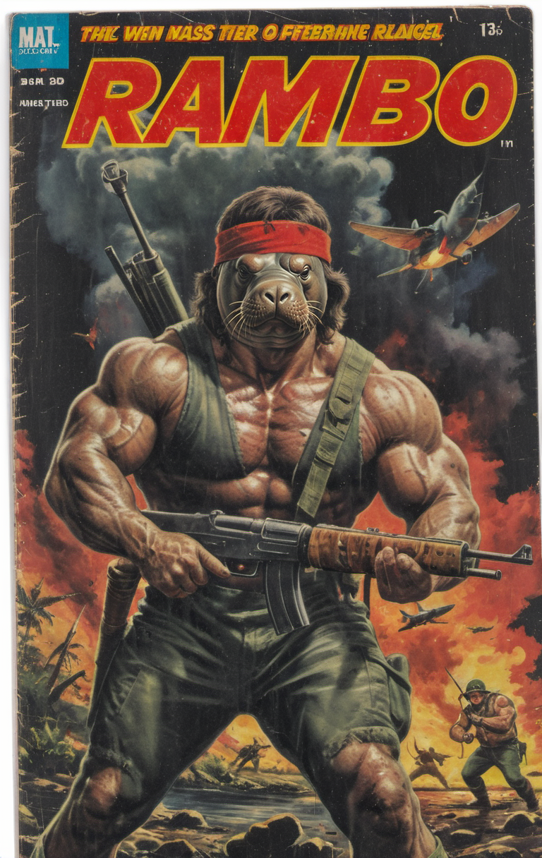 <Wizard's vintage comic book cover LoRA> vintage comic book cover, (title says "RAMBO":1.2), (manatee) dressed as rambo in first blood wearing red headband, holding a rpg-7 rocket launcher,
