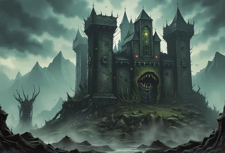Ilustration in DarkestDungeon style of ruined castle placed on the island that is floating in the air above the mountains covered in Creeping Fog.
The castle is overgown with shapeless flesh growin in random part of the castle, the flesh on castle walls is also covered in eyes, eyes on the fleshy parts of castle are empy, black and have no pupil or iris, just pure black sclera.
In the castle windows there are diffrent set of eyes, massive glowing yellow ones with red glowing pupils.
The castle gate is a gianting gaping mouth filled with multiple ets of teeths.
the ground around the castle is filled with old bones, and fleshy tentacles.