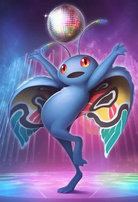 masterpiece, best quality, solo, looking at viewer, <lora:Mothman-illus_Fp:1>, mothman, pokemon \(creature\), no humans, wings, antennae, open mouth, dancing, disco ball,