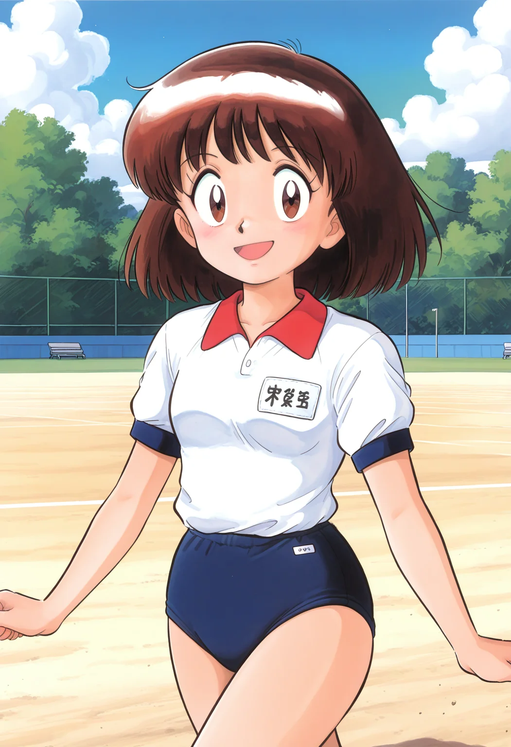 best hands, 5 fingers <lora:shina chara_IL1.2:0.8> retro artstyle, from behind, looking back,
shina chara, shina_style, 1girl, solo, ayumi, looking at viewer, smile, closed mouth, brown short hair, brown eyes, small breasts,
gym uniform, short sleeves, collared shirt, buruma, name tag,
outdoors, day, Schoolyard, cloudy sky, shadow,
running,
<lora:AIã¤ã©ã¹ããããã_style_illustrious_goofy:1>