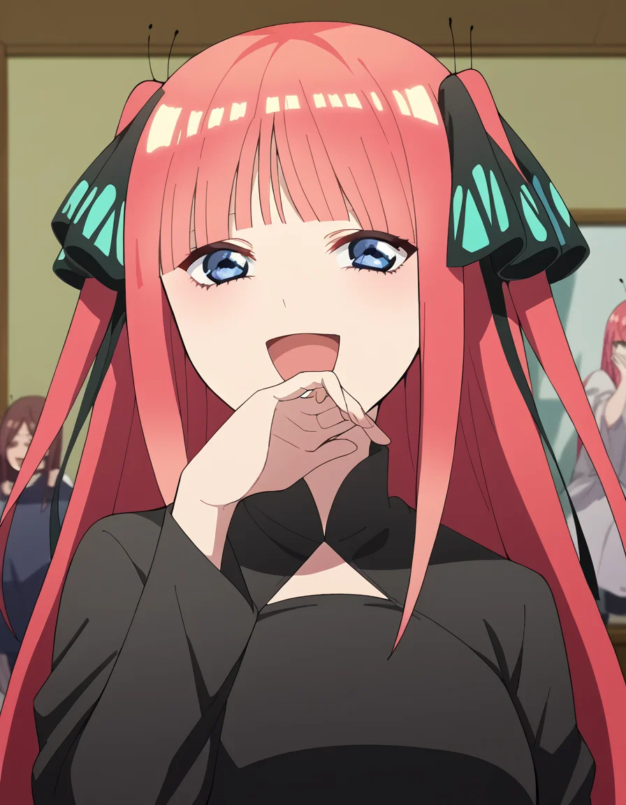 score_9, score_8_up, score_7_up, source_anime, ninonakano, <lora:nino-nakano-s2-ponyxl-lora-nochekaiser:1>, nino nakano, long hair, bangs, blue eyes, hair ornament, hair ribbon, pink hair, blunt bangs, two side up, butterfly hair ornament, mature female,, <lora:ojou-sama-pose-ponyxl-lora-nochekaiser:1>, ojou-sama pose, laughing, smug, hand to own mouth, open mouth,, indoors, smile,, cowboy shot, dutch angle, looking at viewer,