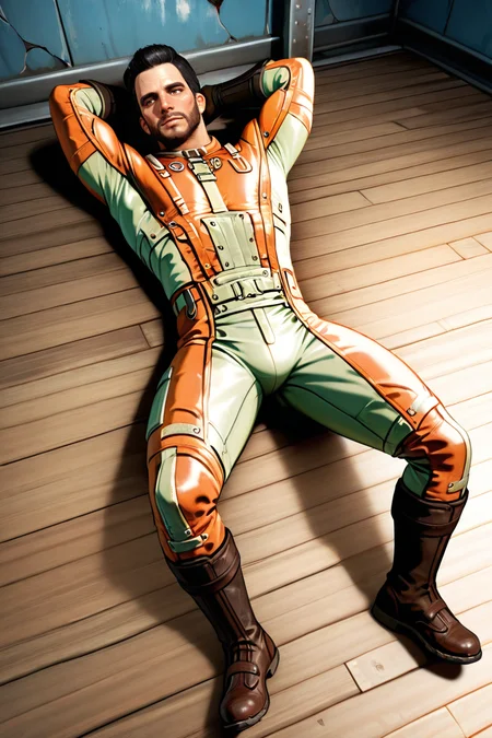 perfect anatomy, perfect proportions, best quality, masterpiece, high_resolution, high quality, best aesthetic, incredibly absurdres, highres, extremely detailed, huge filesize, solo male, adult, mature, masculine, manly, handsome, charming, alluring, full body, dutch angle, cowboy shot, perfect face,   source_game \(Fallout 4\), official style \(Fallout 4\),  Danse \(Fallout 4\), FO4Danse , black hair, short hair, light brown eyes, facial hair, beard, Danse_Outfit01, Brotherhood of Steel bodysuit \(Fallout 4\), two-tone bodysuit, orange/grey bodysuit, gloves, boots, dynamic angle, indoors, lying on wooden floor, lying on back, spread legs, hand behind head, Fallout: 4 location, post-apocalyptic ruins