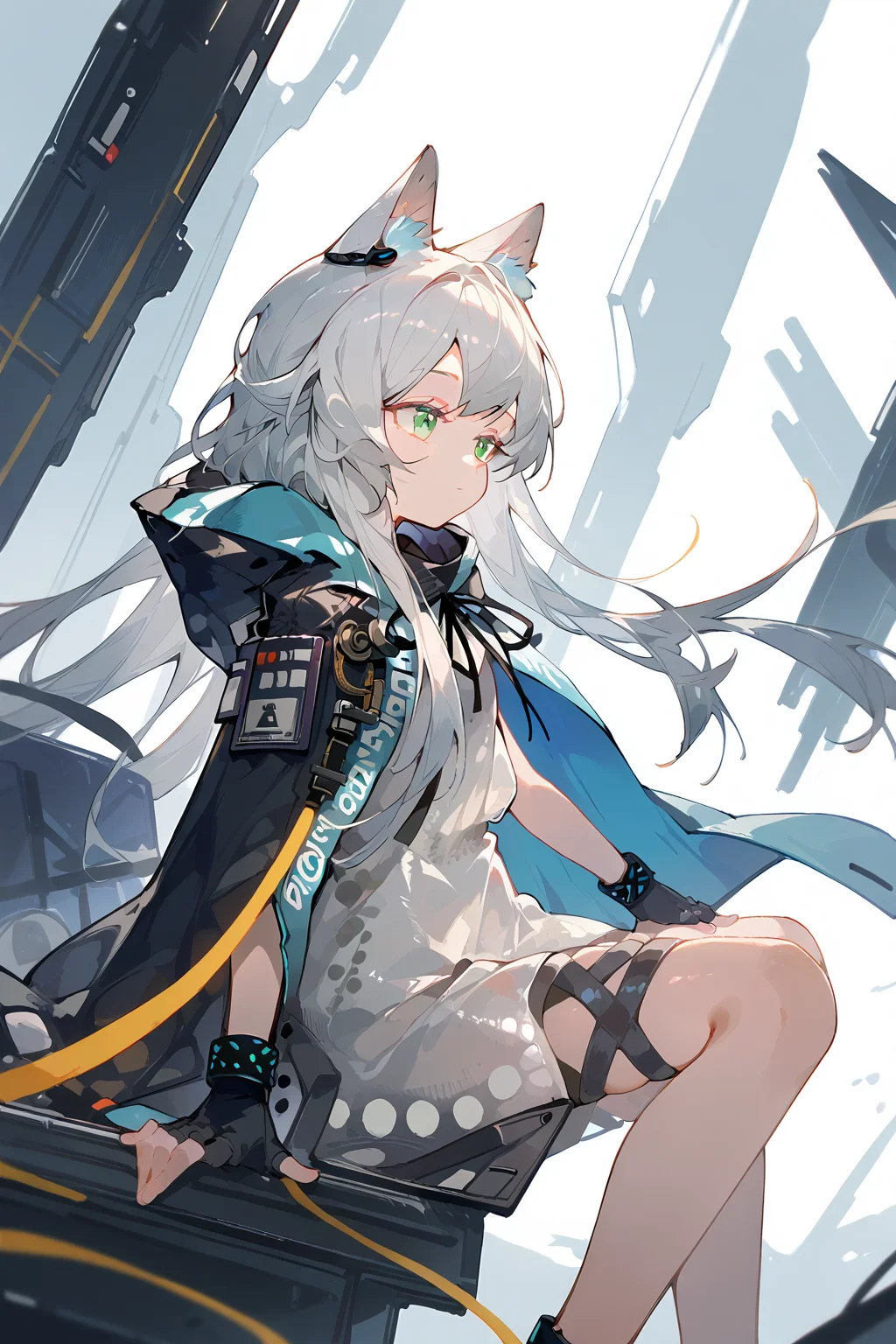 (score_9,score_8_up,score_7_up),<lora:Rosmontis(Arknights)-v1:1>,Rosmontis(Arknights),1girl,rosmontis (arknights),solo,animal ears,long hair,green eyes,gloves,fingerless gloves,dress,cat ears,white dress,black gloves,hood down,hood,grey hair,bangs,jacket,very long hair,animal ear fluff,infection monitor (arknights),cat girl,profile,floating hair,white hair,black jacket,earpiece,hooded cloak,cloak,thigh strap,black ribbon,outstretched arm,from side,sitting,
good feet,anime,NSFW,expressive,amazing quality,ultra hd 32k,
