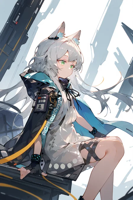 (score_9,score_8_up,score_7_up),<lora:Rosmontis(Arknights)-v1:1>,Rosmontis(Arknights),1girl,rosmontis (arknights),solo,animal ears,long hair,green eyes,gloves,fingerless gloves,dress,cat ears,white dress,black gloves,hood down,hood,grey hair,bangs,jacket,very long hair,animal ear fluff,infection monitor (arknights),cat girl,profile,floating hair,white hair,black jacket,earpiece,hooded cloak,cloak,thigh strap,black ribbon,outstretched arm,from side,sitting,
good feet,anime,NSFW,expressive,amazing quality,ultra hd 32k,