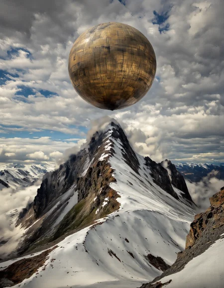 Art by Piotr JabÅoÅski. A surreal digital illustration shoot from below about a large, beige sphere floating above a snowy mountain range, with a distant mountain peak in the foreground. the scene is set against a backdrop of a cloudy sky and distant mountains, creating a sense of depth and perspective. in the center of the image, a large sphere appears to be floating above the mountain peak, casting a shadow on the snow-covered peaks below. the sphere is the focal point of the scene, with no other objects or objects in sight, adding to the sense of mystery and wonder. the overall effect is one of an ethereal, dreamlike atmosphere, with the vastness of the sky and the distant mountains providing a stunning backdrop.
