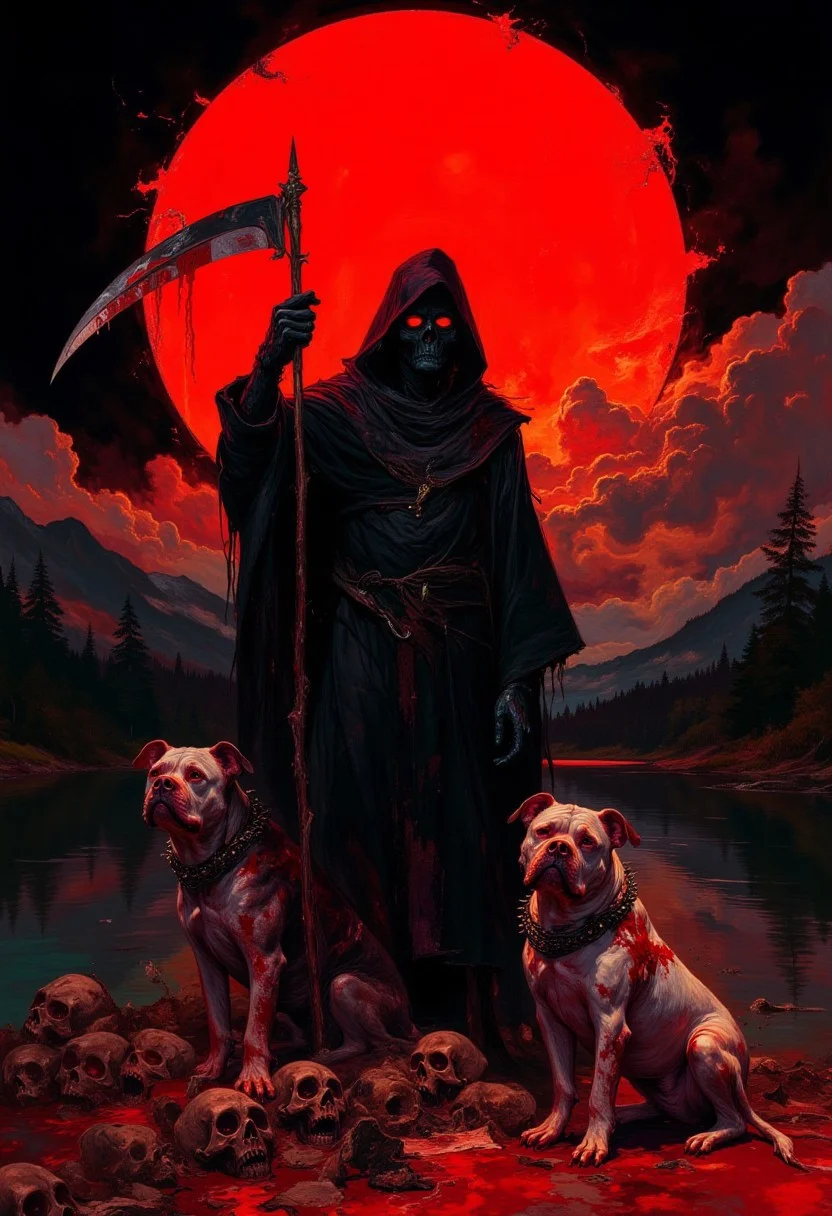 A fierce Grim Reaper holding a scythe with its blade over his head, wearing a black cloak, with terrifying looking red eyed pit bulls with spikey collars, standing in front of an eerie landscape filled with skulls, in the style of heavy metal music album art, high resolution, hyper-realistic, poster art, dark background, in the style of Dan Mumfordsilhouetted against a massive red sun reflected in a calm lake, dark forest and mountains in the distance, distopian paint, the background is entirely black to create contrast with the detailed figure and landscape, blood splatters subtly across the ground, the image is composed by dark and red colors, evoking a dramatic and intense atmosphere