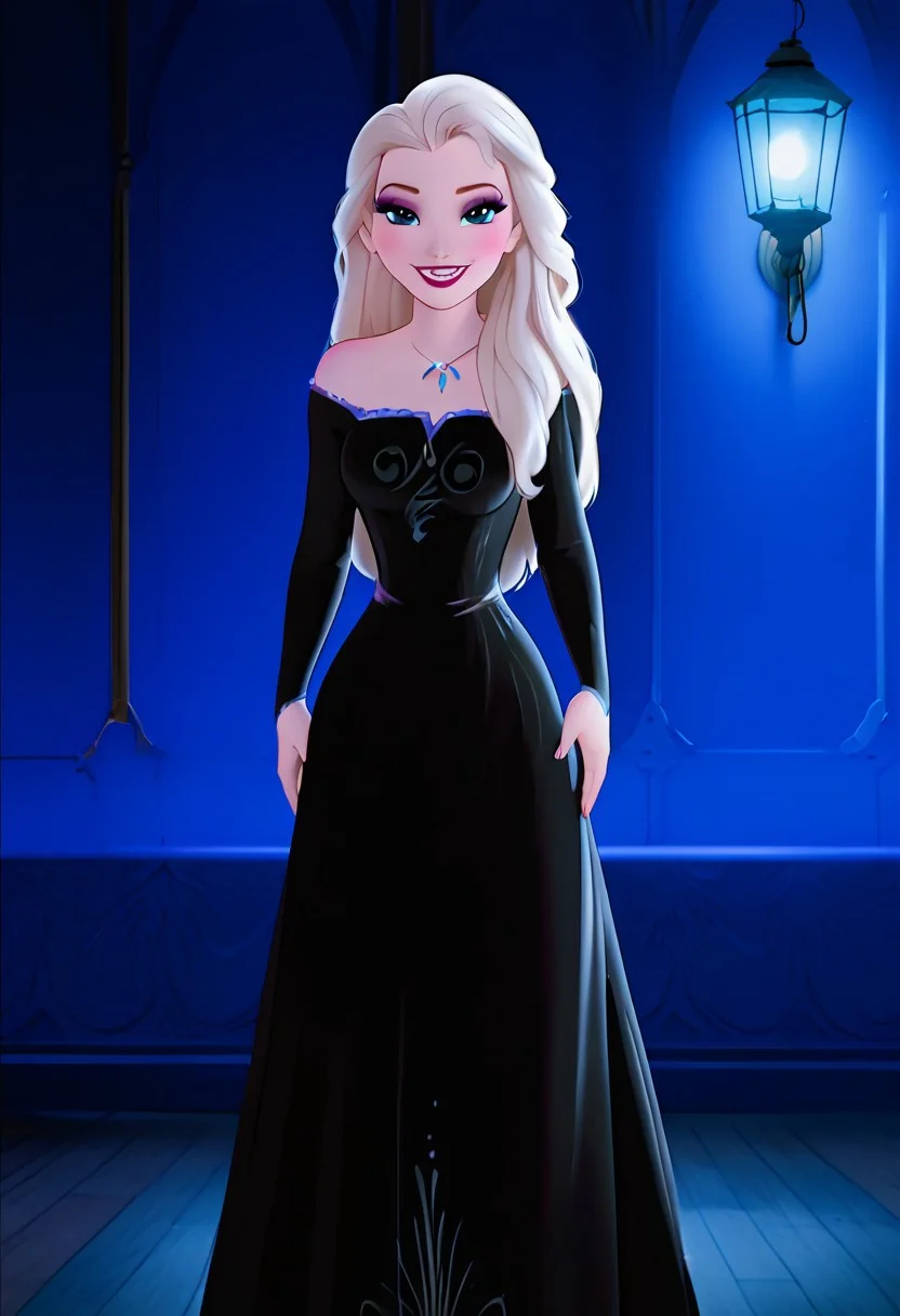 score_9, score_8_up, score_8, score_7_up, cartoon screencap, DisneyRenstyle, accurate_art_style, flat_color, flat_colors, 4k, extremely detailed, correct proportions, uncensored, BREAK, 1girl, elsa, hair down, loose hair, little black dress, large breasts, looking at the viewer seductively, sexy smile, BREAK, indoors, dark modern bedroom at night, lamp lighting, warm glow from offscreen, BREAK, vibrant colors, 85% dark lighting, 50% studio lighting, 50% soft lighting