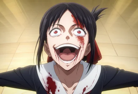 score_9, score_8_up, score_7_up, source_anime,
BREAK
<lora:shigojoenV1:1>, gojoendef, crazy eyes, crazy smile,
looking at viewer, smile, open mouth, upper body, teeth, tongue, blood, outstretched arms, blood on face, blood on clothes,
1girl, solo, anime screencap, anime coloring,
<lora:kaguya-shinomiya-s3-ponyxl-lora-nochekaiser:0.8> kaguya shinomiya, short hair, bangs, black hair, red eyes, hair ribbon, sidelocks, folded ponytail, parted bangs, long sleeves, dress, ribbon, school uniform, collarbone, black dress, sailor collar, white sailor collar, red ribbon, neck ribbon, shuuchiin academy school uniform,