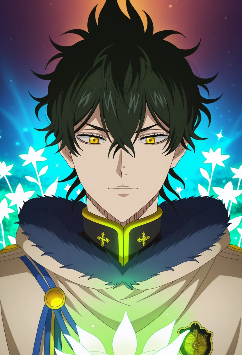 masterpiece, best quality, , anime screencap, anime coloring, official style, , 1boy, solo, male focus, <lora:yuno_black_clover_ilxl:1>, yuno_black_clover, black hair, yellow eyes, short hair, hair between eyes, fur trim, fairy lagoon, sparkling waters, glowing plants, soft winds, playing pose, joyful expression, twilight breeze,