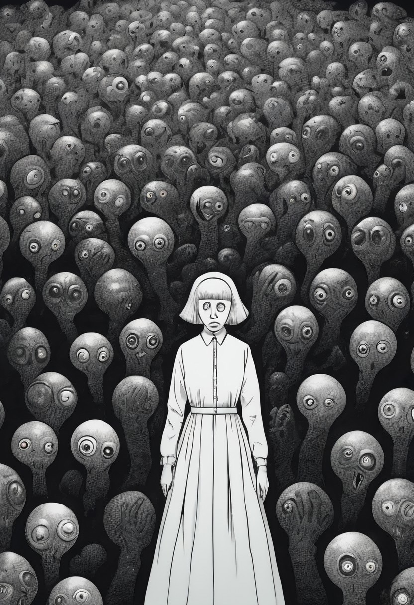 score_9, score_8_up, score_7_up, a background of eyeballs in a black void, 1 women cowering in fear, suffering from fear, guro, mind broken