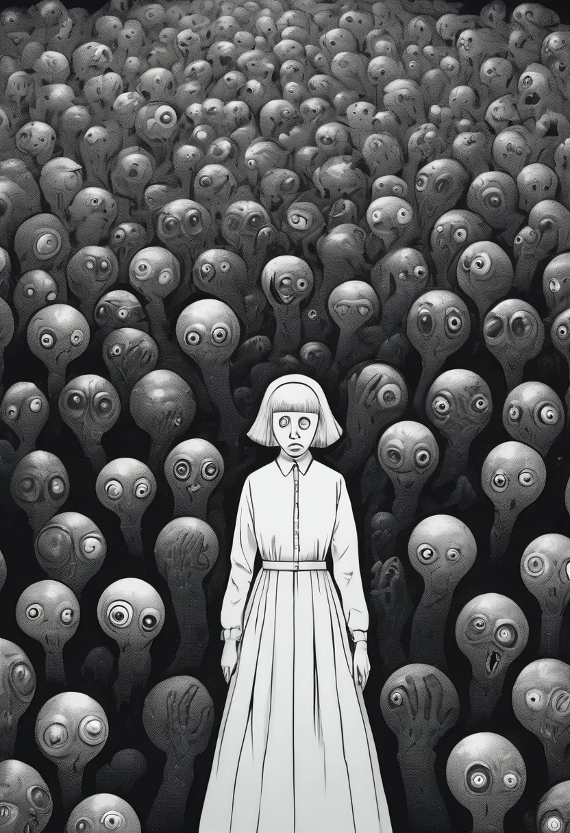 score_9, score_8_up, score_7_up, a background of eyeballs in a black void, 1 women cowering in fear, suffering from fear, guro, mind broken