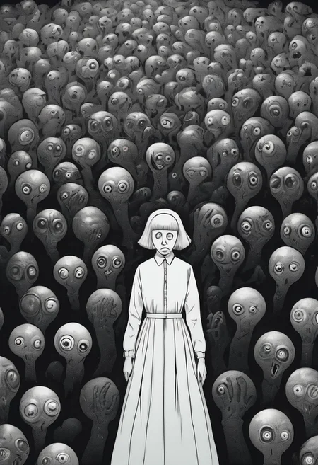 score_9, score_8_up, score_7_up, a background of eyeballs in a black void, 1 women cowering in fear, suffering from fear, guro, mind broken
