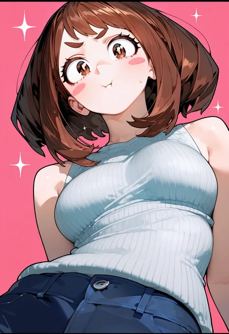 <lora:EatSleep1111StyleSDXL11:1>, best quality, masterpiece, very awa, eatsleep1111, 1girl, brown hair, blush stickers, uraraka ochako, pink background, large breasts, brown eyes, looking at viewer, pout, simple background, from below, blue pants, sparkle, ribbed shirt, sleeveless shirt, :t, short hair, bare shoulders, sweatdrop, letterboxed, denim, closed mouth, upper body, jeans