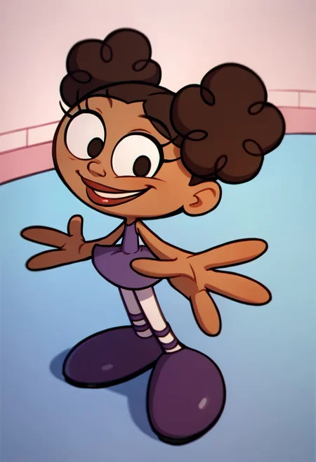 score_9, score_8_up, score_7_up BREAK MeeMeeDL, 1girl, dark brown hair, dark brown eyes, brown skin, curly pigtails, lipstick, sleeveless purple dress, white tights, purple ballet shoes, smiling at viewer, solo, solo focus, full body, standing,