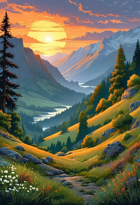 A captivating night scene illustration featuring a beautiful scene of the great out doors in the pacific northwest.. There are great mountains, pine forests, and rivers. It is an outdoorsman's dream. This enchanting artwork captures a serene and peaceful night, where the sun is just starting to rise over the beautiful hills and castle which stands resolute amidst hills of Wales, creating a cinematic experience., illustration, cinematic
<lora:DonM3t3rn1tyXL-v1.1:0.7>, DonM3t3rn1tyXL,
OverallDetailXL <lora:MJ52:0.3> <lora:SDXLFaeTastic2400:0.4> <lora:EpicF4nta5yXL:0.7>