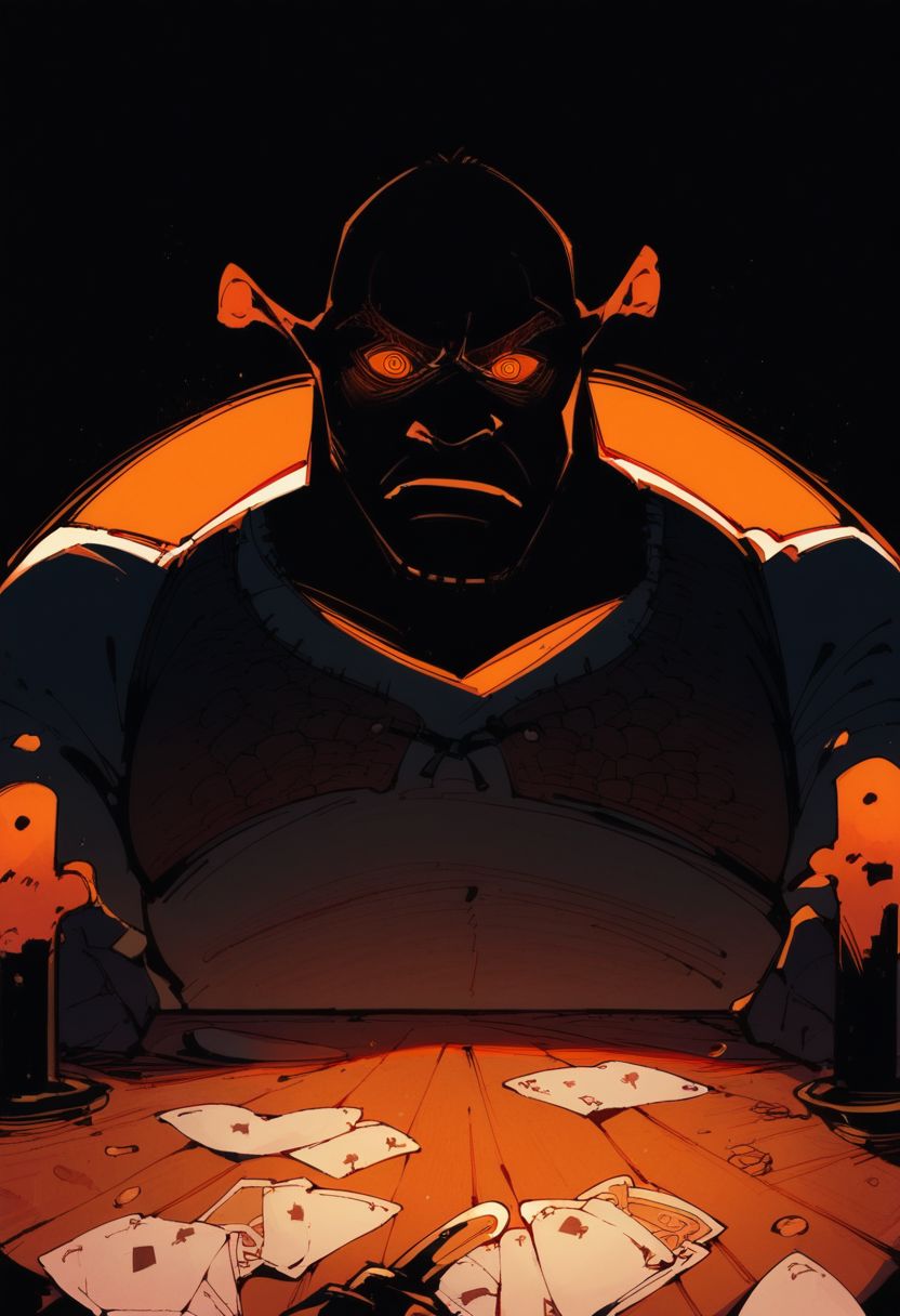 score_9,score_8_up,score_7_up,source_anime,1boy,upper body, gamemaster,glowing eyes,shaded face,table,orange eyes, shrek,