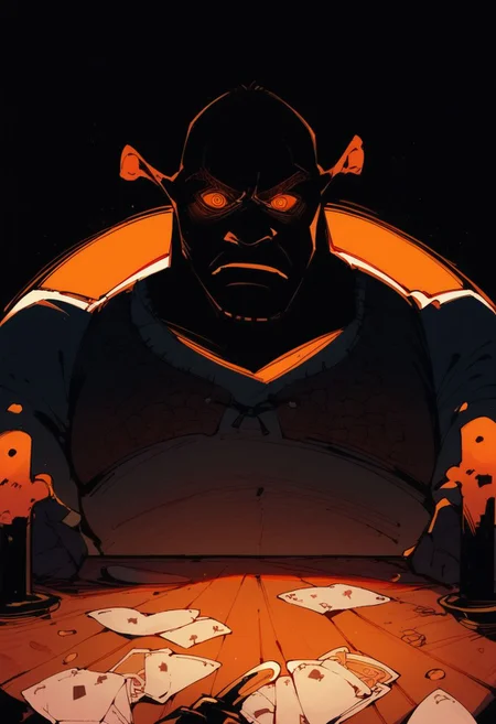 score_9,score_8_up,score_7_up,source_anime,1boy,upper body, gamemaster,glowing eyes,shaded face,table,orange eyes, shrek,