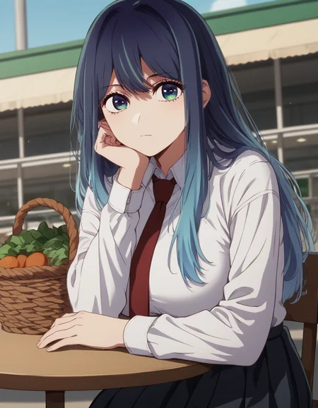 score_9, score_8_up, score_7_up, source_anime, <lora:akane-kurokawa-s2-ponyxl-lora-nochekaiser:1>, akane kurokawa, long hair, bangs, blue eyes, large breasts, black hair, blue hair, multicolored hair, gradient hair,, skirt, shirt, long sleeves, school uniform, white shirt, pleated skirt, necktie, collared shirt, black skirt, red necktie,, farmers market, fresh produce, local vendors, baskets, sunny day, community, , looking at viewer, sitting, elbow rest, table,, solo,, cowboy shot, dutch angle,