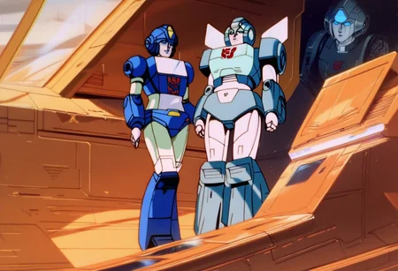 score_9, score_8_up, score_7_up, animation, transformers, 1girl, robot, Autobot, Tall, bulky, Soilder, glowing eyes,blue eyes, large eyes, circular eyes, Blue armor, Wheels, transforms into Armored Transport, full body, cowboy shot, smiling, holding Bazooka