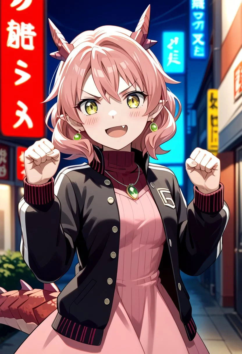 score_9,score_8_up,score_7_up,source_anime,FAFNIR_GUILDMELAG_LINDA_BLAIR_HANAKO,1girl,solo,looking at viewer,blush,smile,open mouth,long sleeves,dress,jewelry,standing,jacket,:d,cowboy shot,earrings,open clothes,medium hair,fang,necklace,open jacket,black jacket,sweater,hands up,v-shaped eyebrows,turtleneck,pink dress,dragon horns,clenched hands,dragon tail,letterman jacket,ribbed dress,